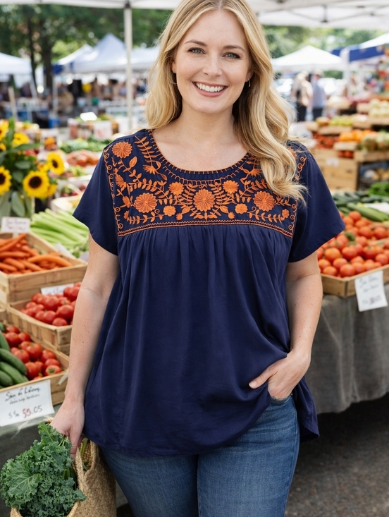 Layerz Clothing Tops - Embroidered Boho Blouse – Navy & Rust Floral (Size XL) NWOT